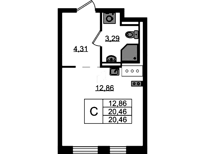 Квартира студия 20.46 м², 7/13 эт., ЖК «Квартал Торики»
